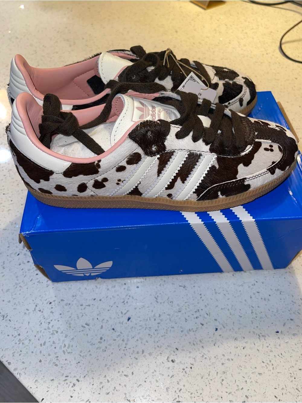 adidas Kids Cow-Print Sneakers in White, Brown & Pink